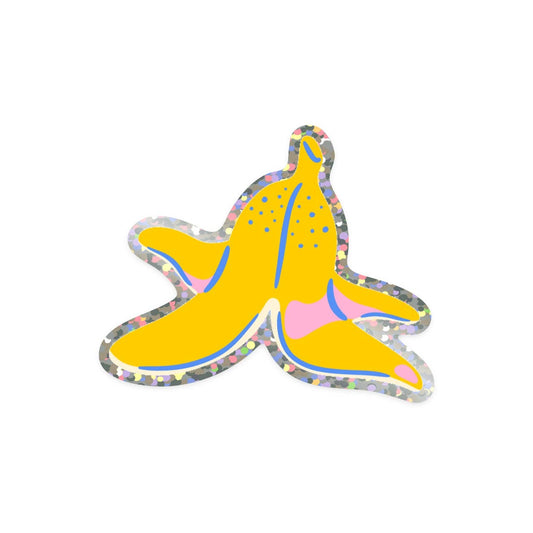 Colorful banana-shaped sticker on a white background